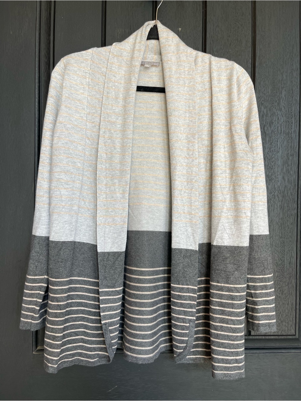 Striped Open-Front Women’s Cardigan Sweater in Gray and Cream